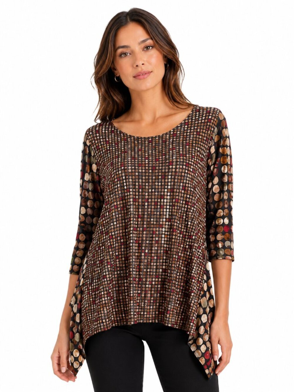 Comfy USA Tunic Size Medium Brown Polka Dot 3/4 Sleeves Artsy Stretch Lagenlook
